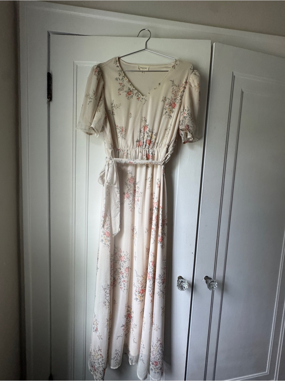orange creek Cream Floral V-Neck Maxi Dress with Tie Waist